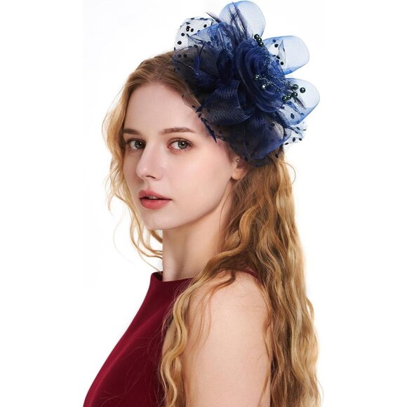 🆕Women Navy Organza Fascinator with Flower Mesh Feathers Tea Party Hat Headband - Picture 1 of 6